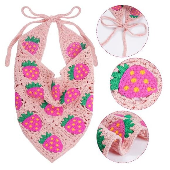 3 Crochet Strawberry Pattern Headscarves – Handmade Summer Bandanas for Women - Picture 3 of 6